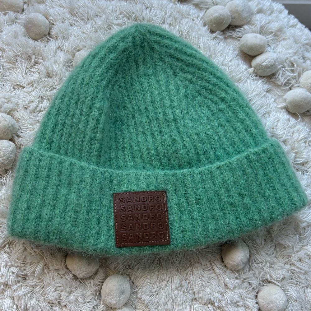 Sandro | Mint Green Knit Beanie with Leather Logo Patch